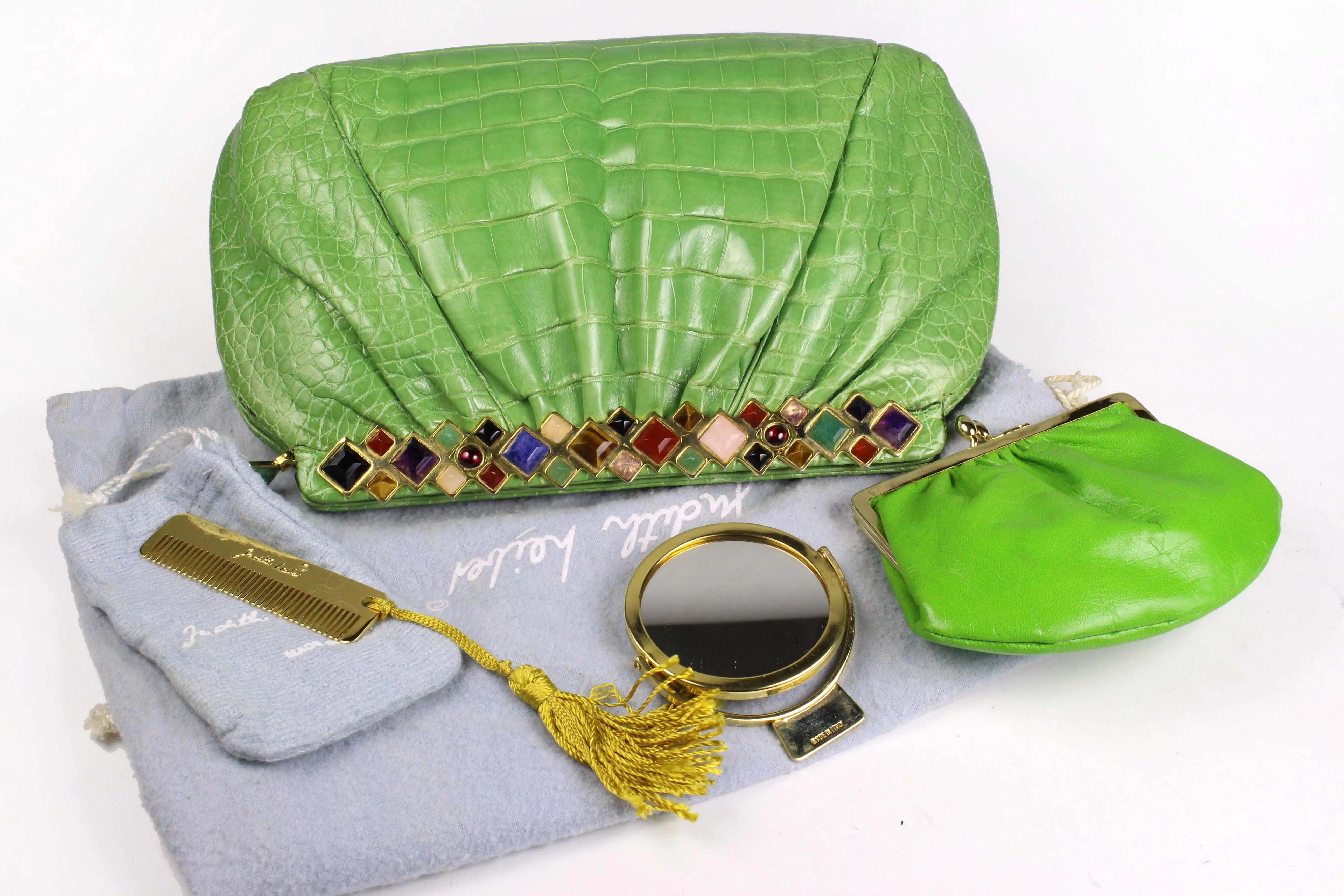 JUDITH LEIBER green crocodile skin jewel frame clutch handbag