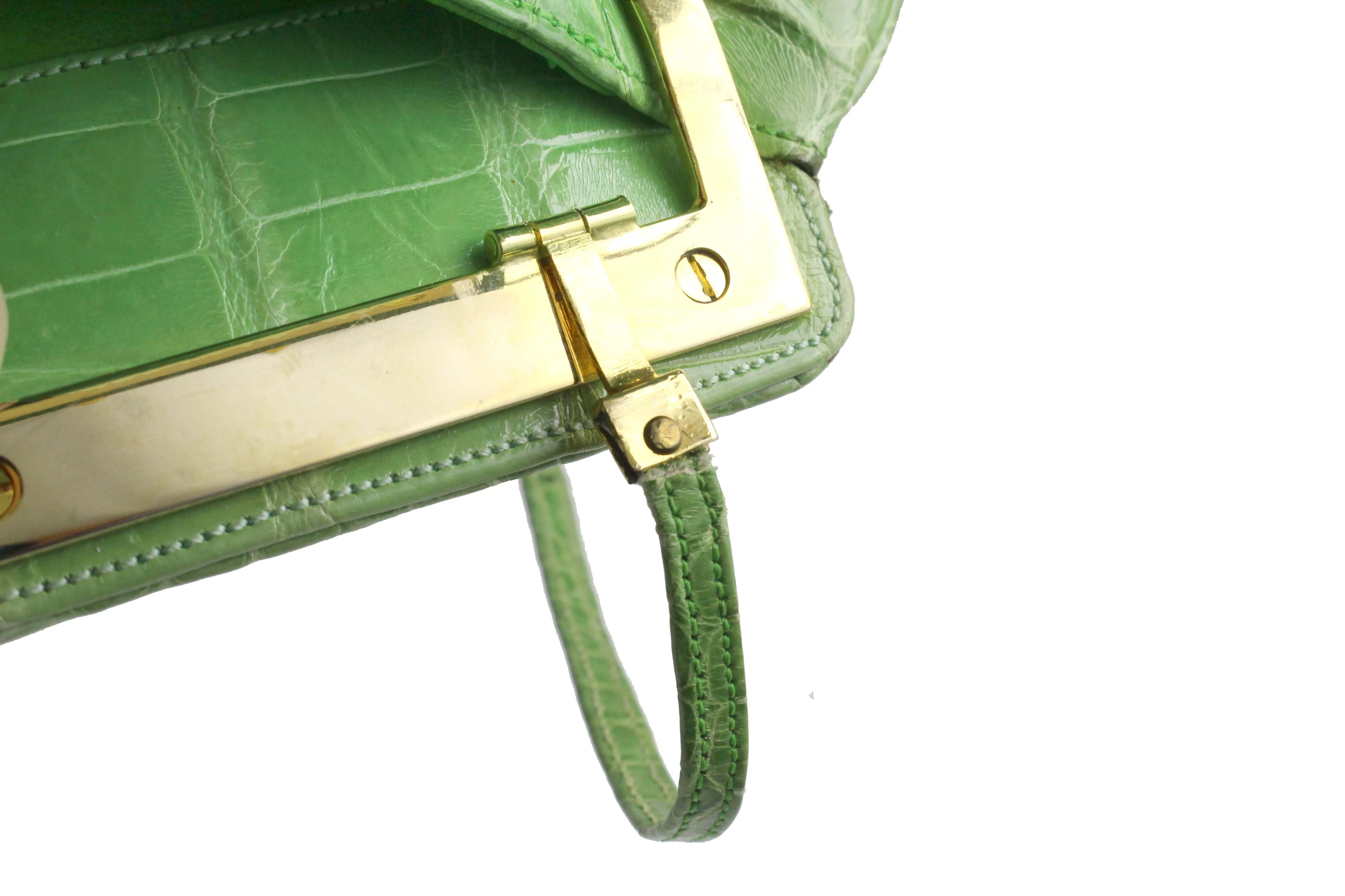 JUDITH LEIBER green crocodile skin jewel frame clutch handbag