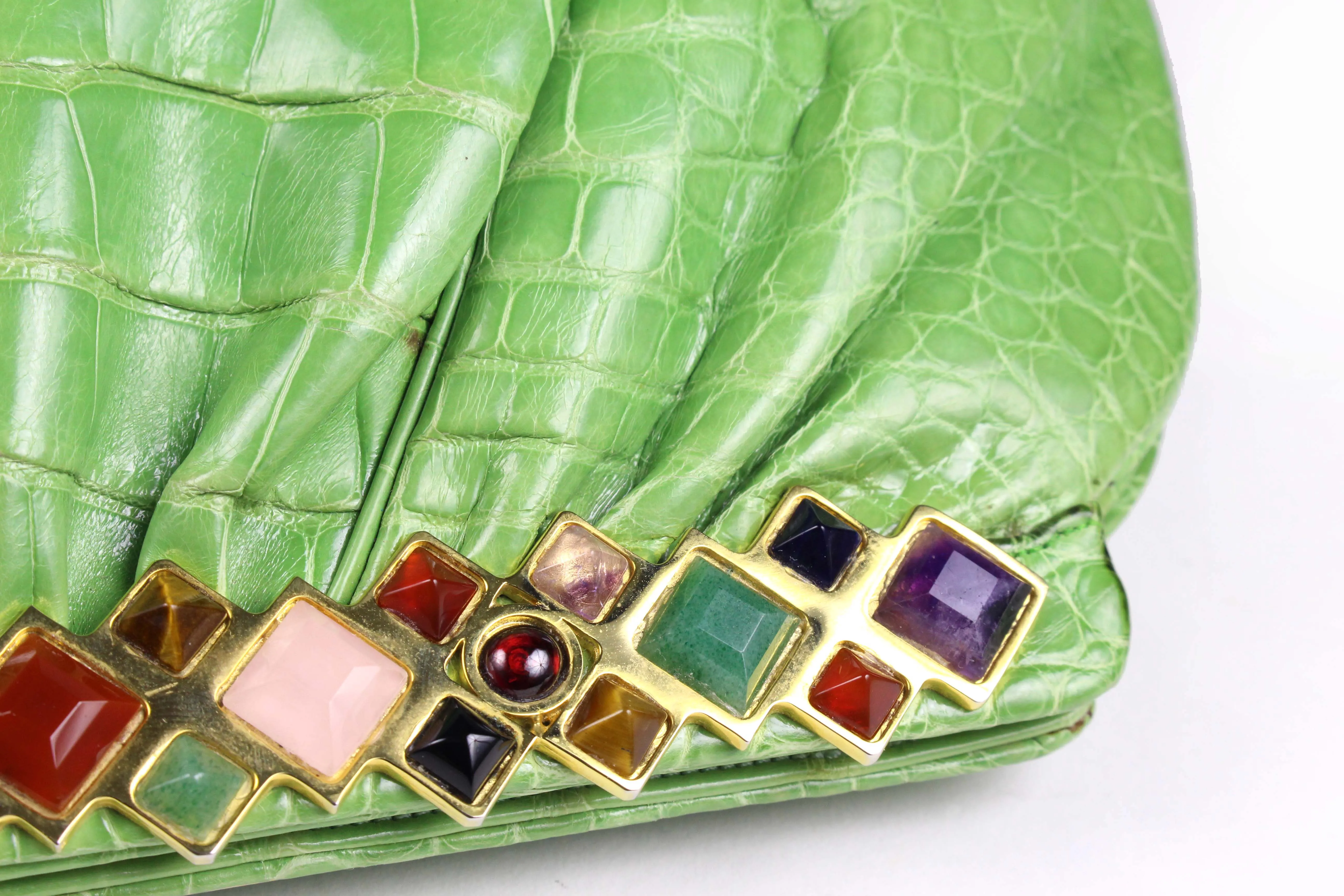 JUDITH LEIBER green crocodile skin jewel frame clutch handbag