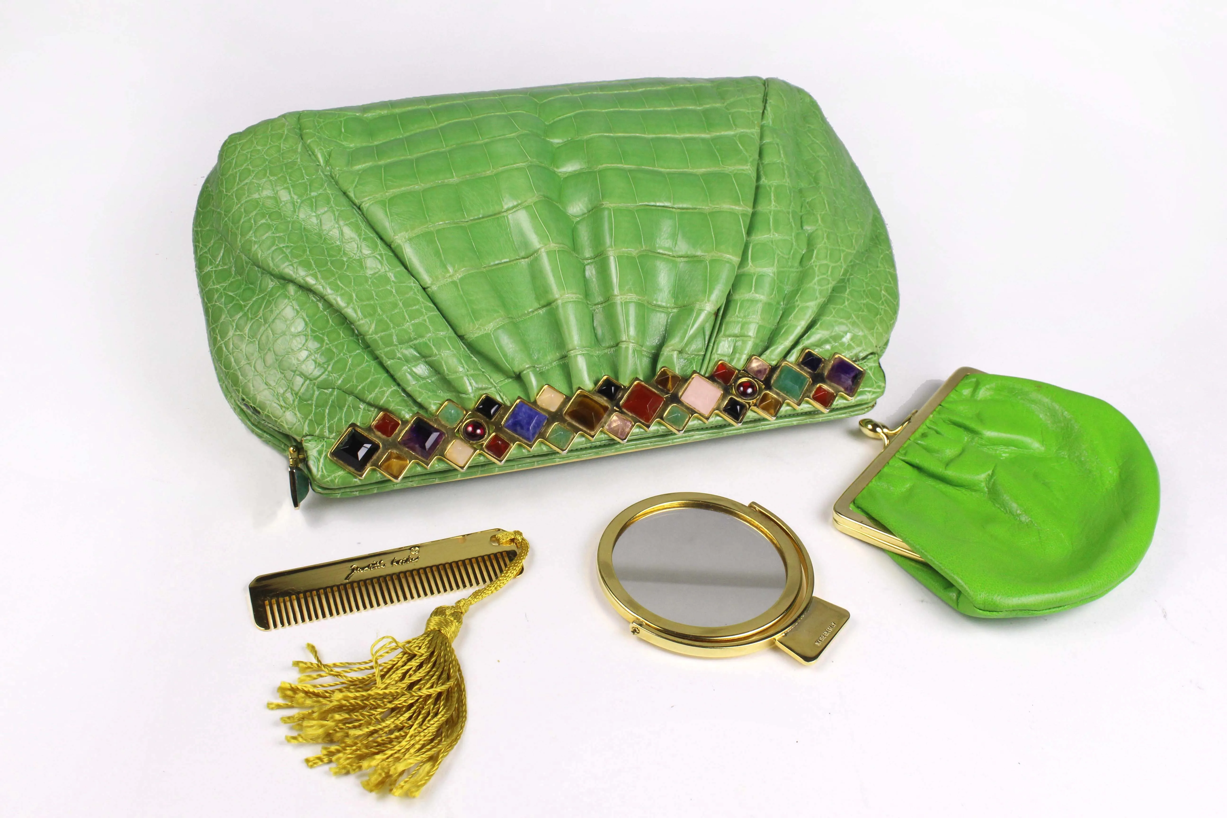 JUDITH LEIBER green crocodile skin jewel frame clutch handbag