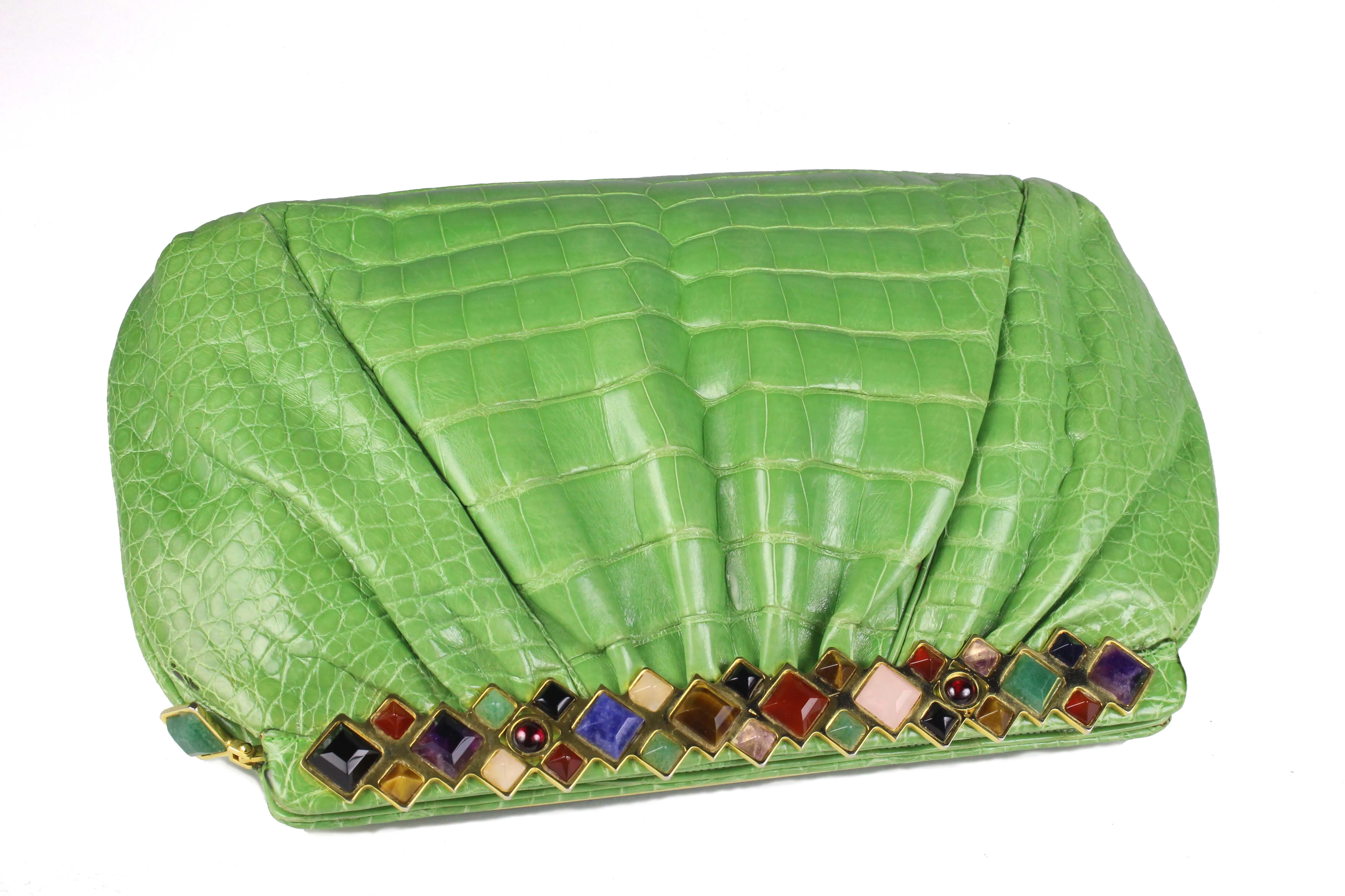 JUDITH LEIBER green crocodile skin jewel frame clutch handbag