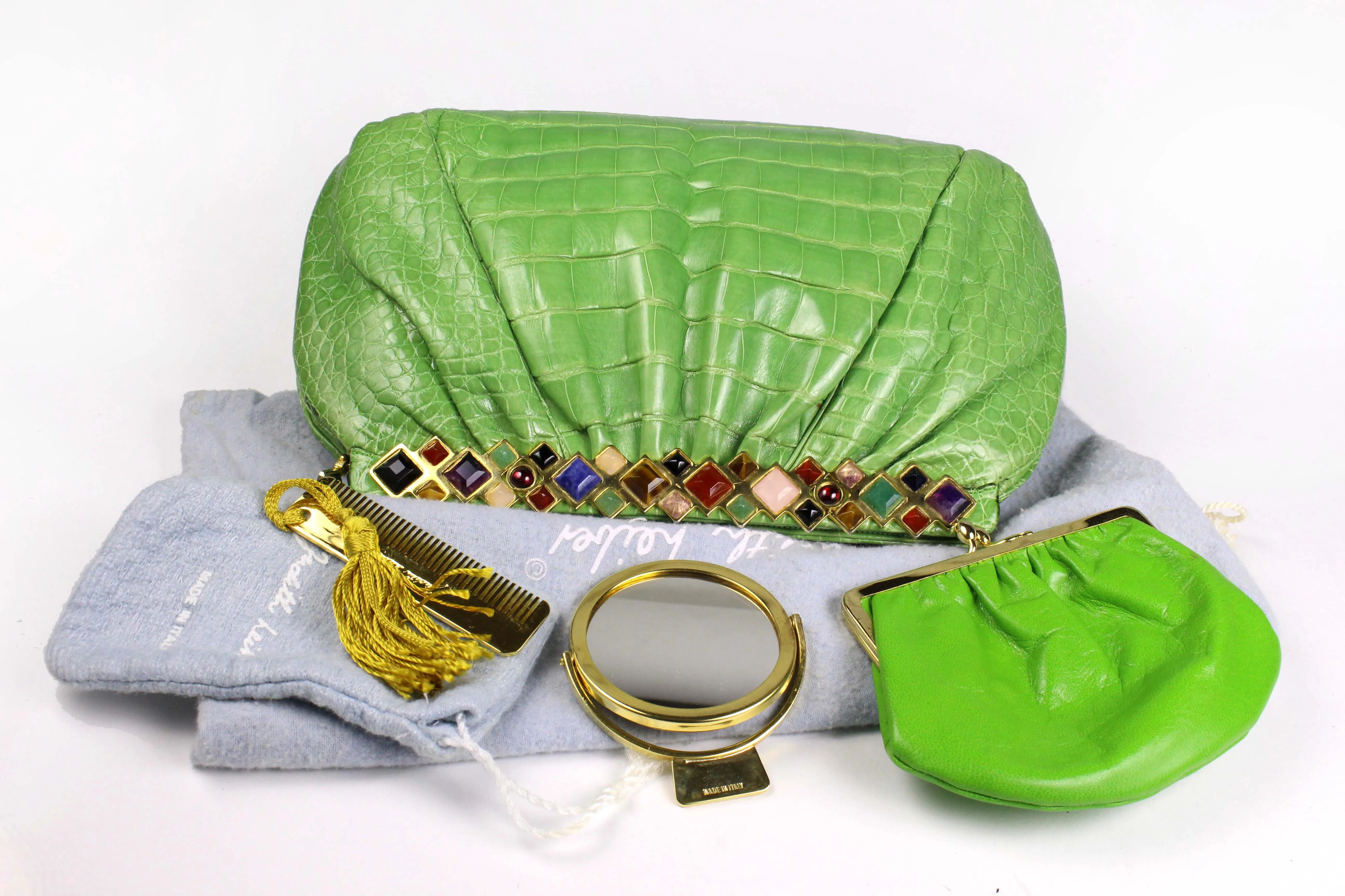 JUDITH LEIBER green crocodile skin jewel frame clutch handbag