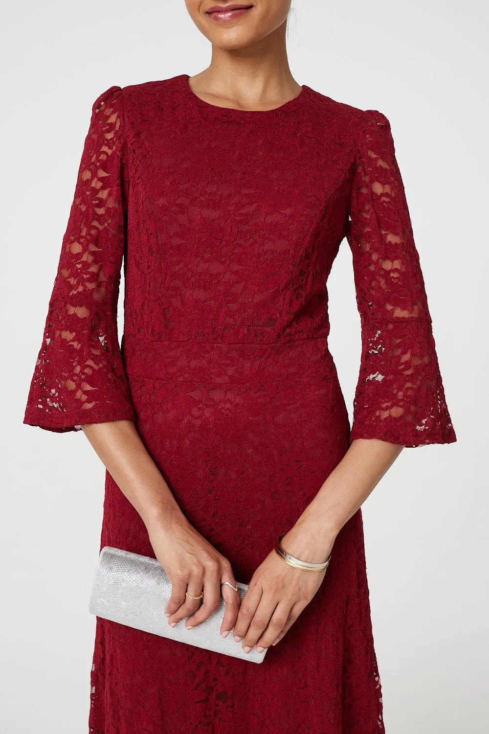 Lace Semi Sheer 3/4 Flute Sleeve Midi Dress