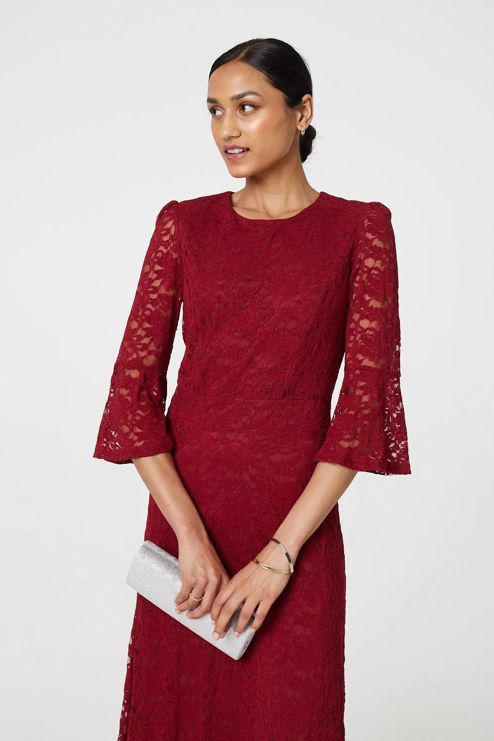 Lace Semi Sheer 3/4 Flute Sleeve Midi Dress