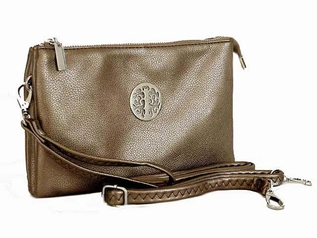 LARGE MULTI-COMPARTMENT CROSS-BODY PURSE BAG WITH WRIST AND LONG STRAPS - METALLIC PEWTER