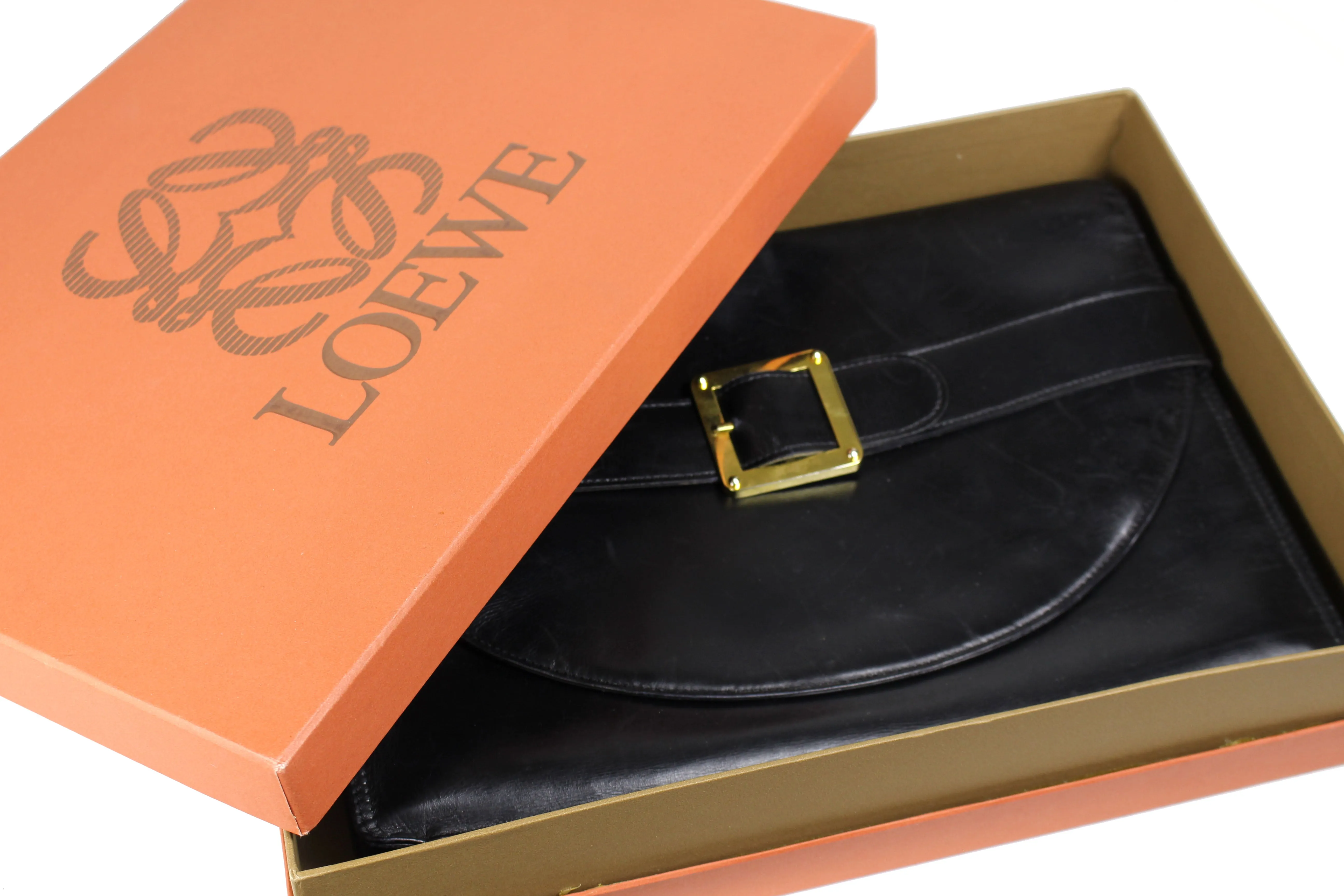 LOEWE black leather clutch purse with buckle