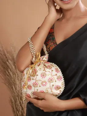 Pink & Gold-Toned With Rich Embroidered Potli Clutch