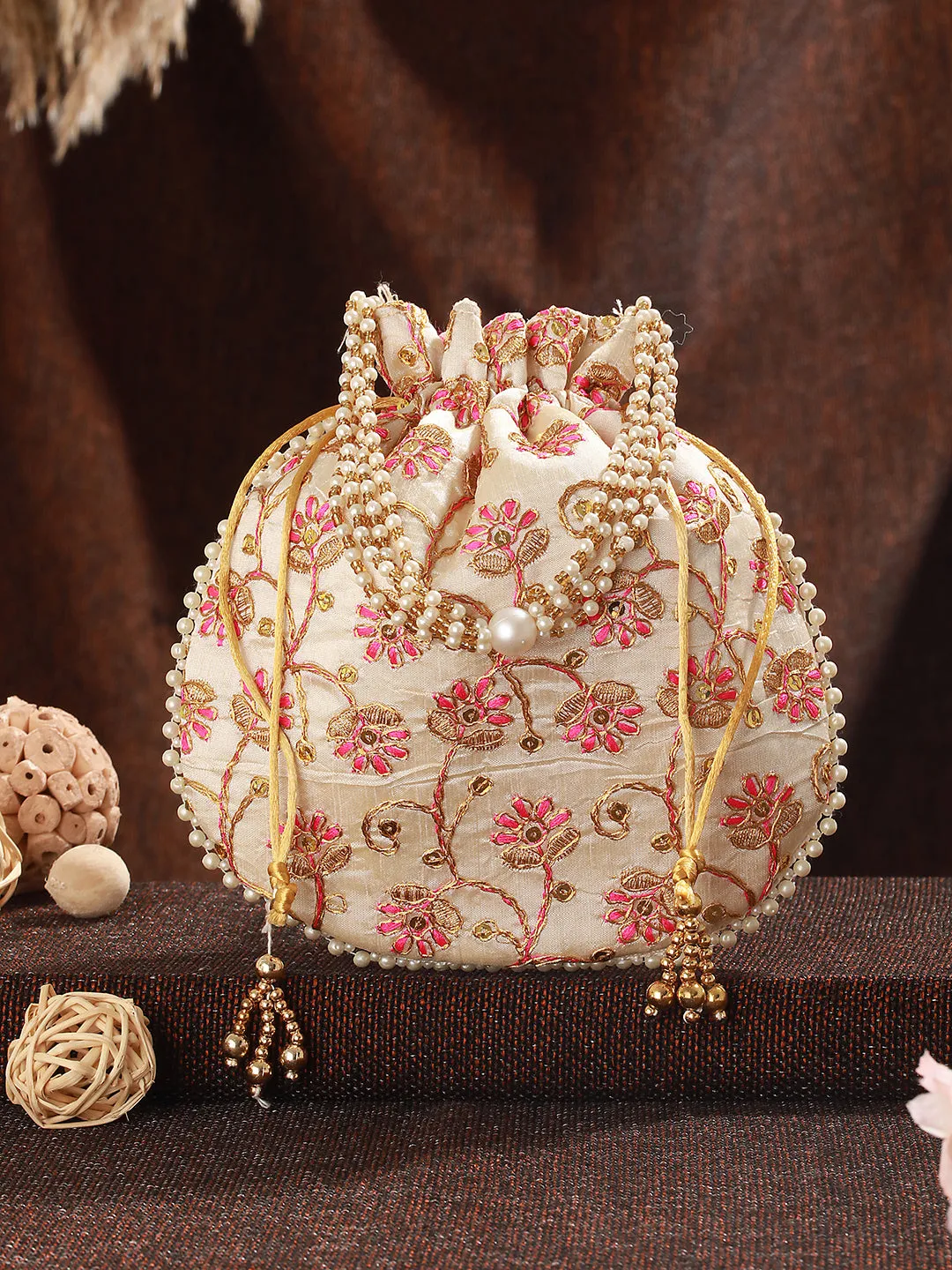 Pink & Gold-Toned With Rich Embroidered Potli Clutch