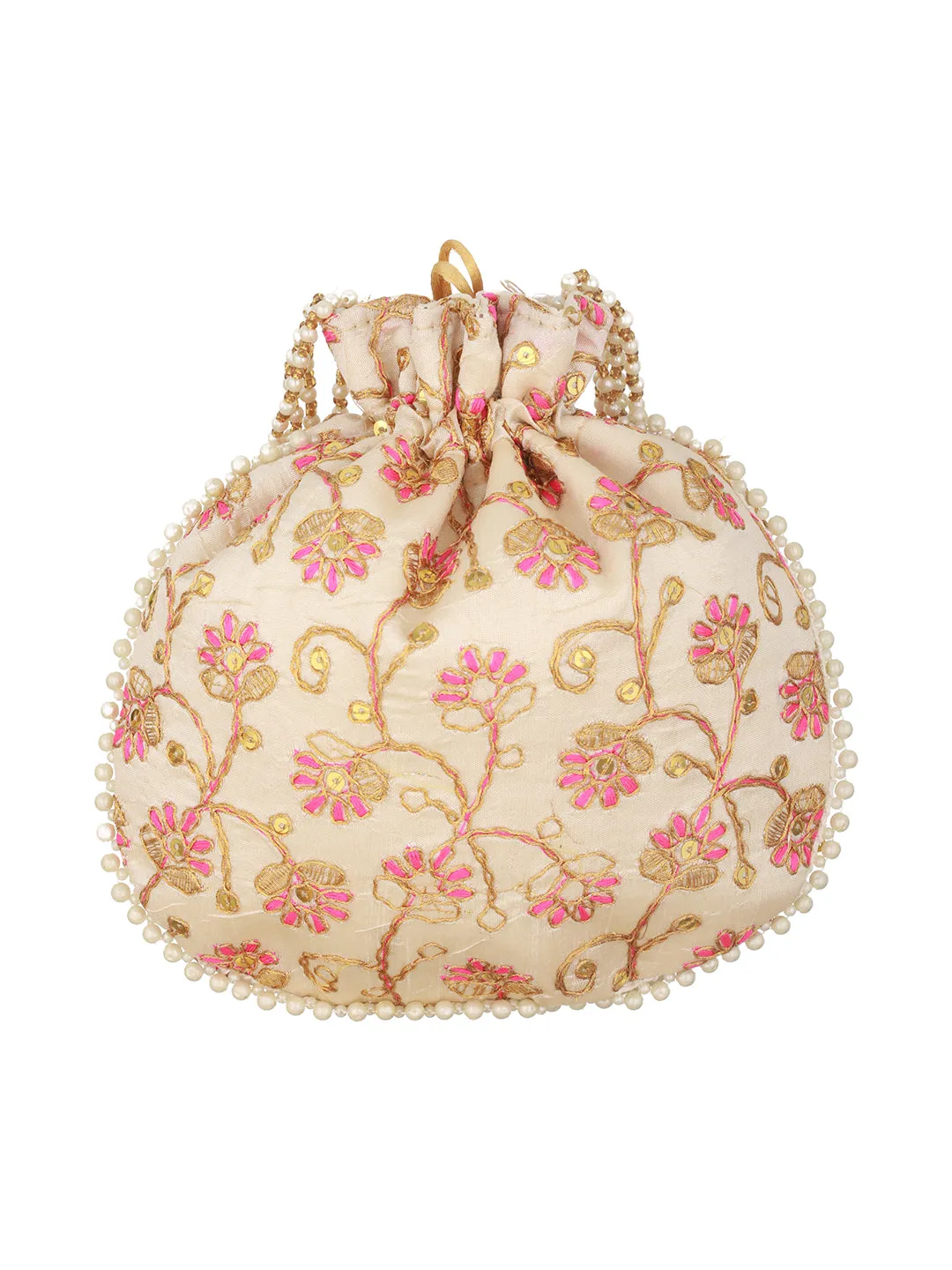 Pink & Gold-Toned With Rich Embroidered Potli Clutch