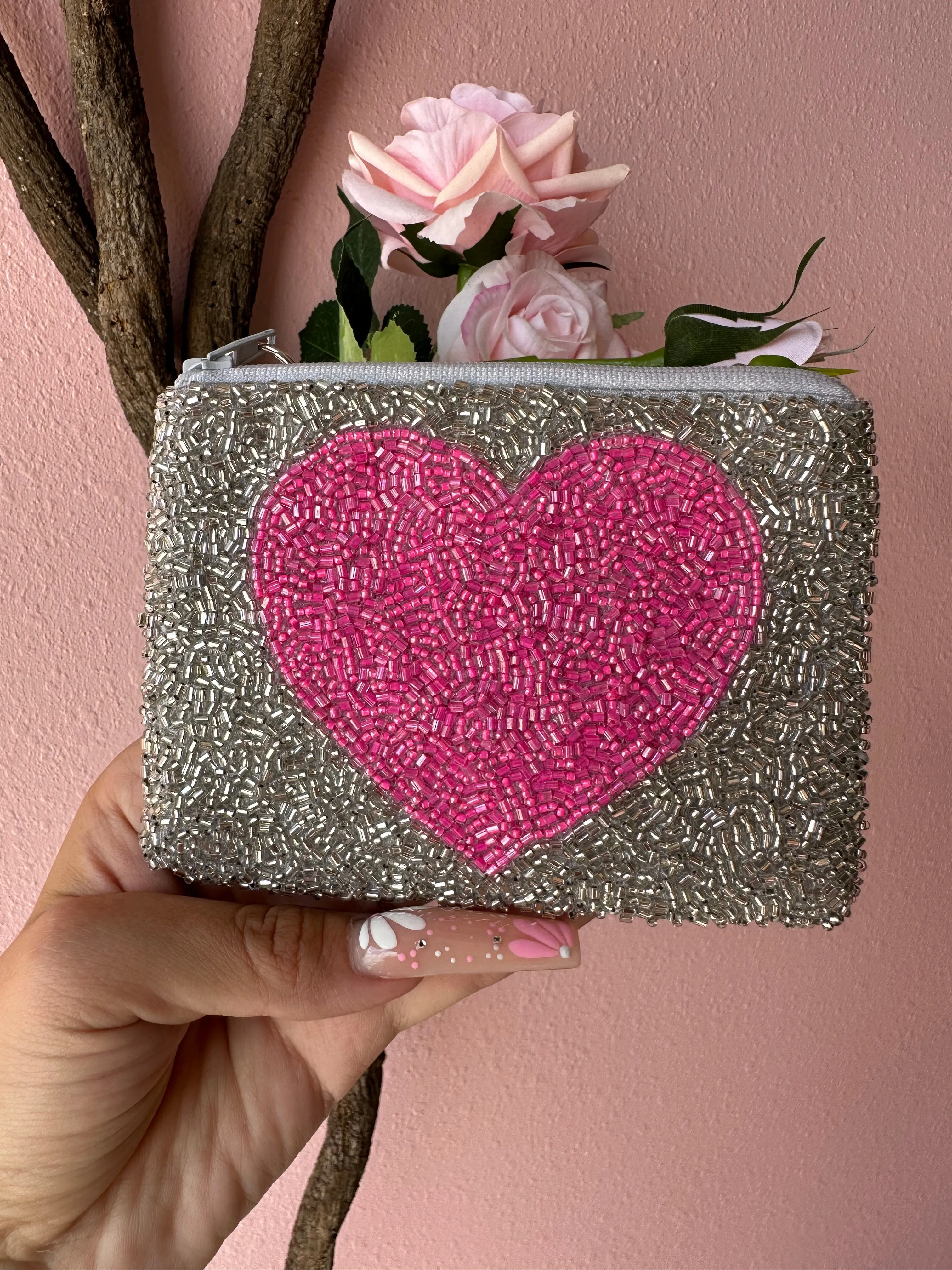 Pink Heart Silver Beaded Coin Purse