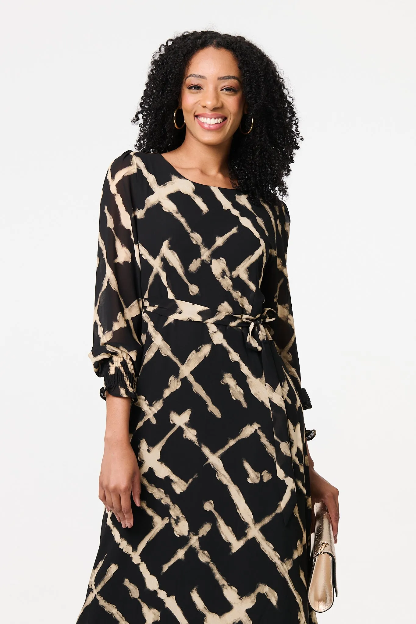 Printed Long Sleeve Tie Waist Maxi Dress