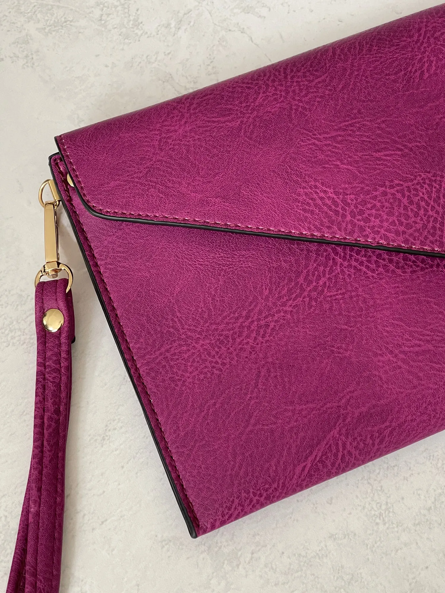 PURPLE OVER-SIZED ENVELOPE CLUTCH BAG WITH LONG CROSS BODY AND WRISTLET STRAP