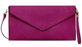 PURPLE OVER-SIZED ENVELOPE CLUTCH BAG WITH LONG CROSS BODY AND WRISTLET STRAP