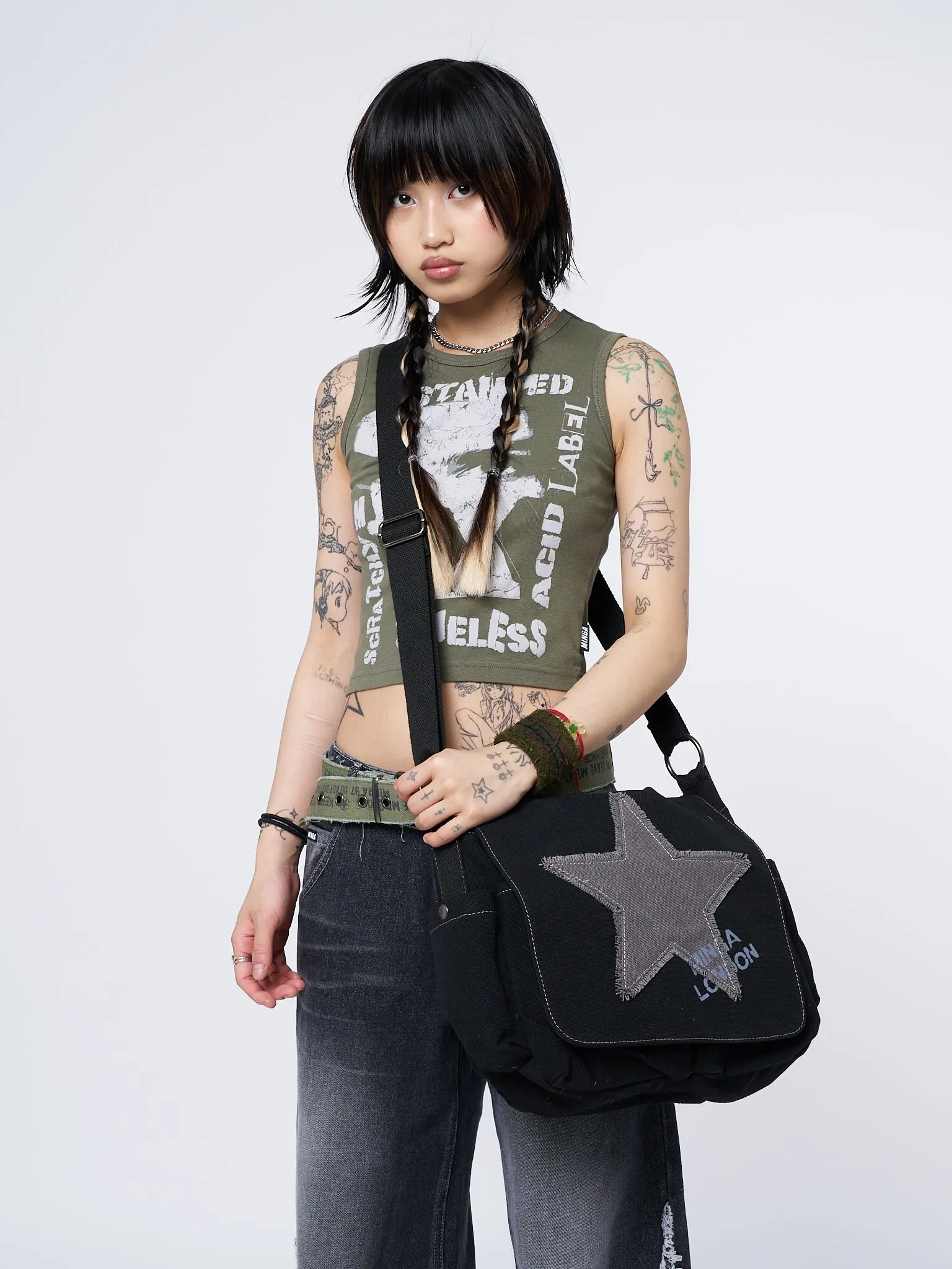 Super Star Black Canvas Messenger Bag