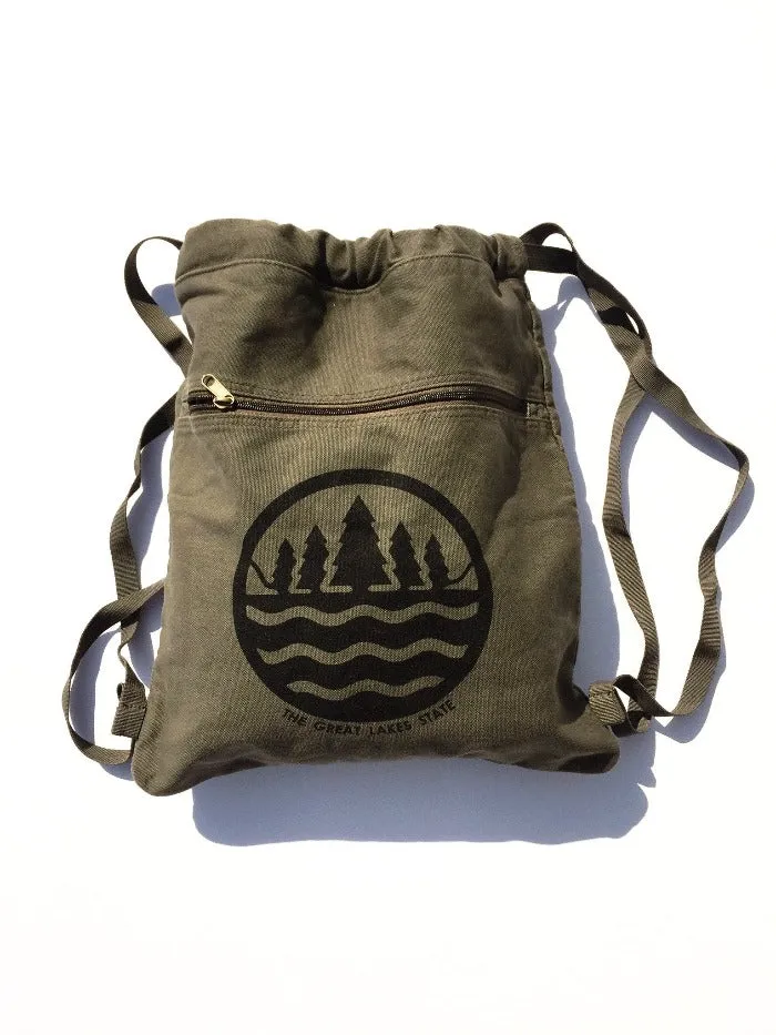 The Great Lakes State Canvas Cinch Bag - Military Green