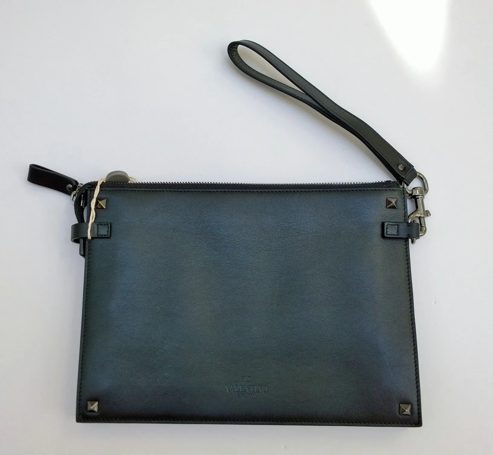 Valentino Garavani Men's Rockstud Black Leather Clutch Bag Wrist Strap